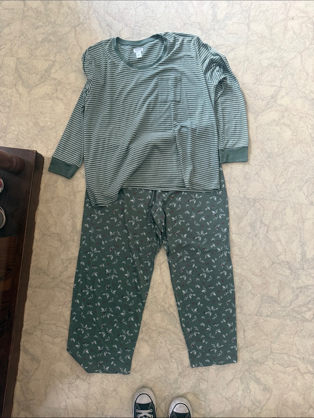 Women’s Green Striped & Floral Pajama Set - Soft Long Sleeve Top and Pants